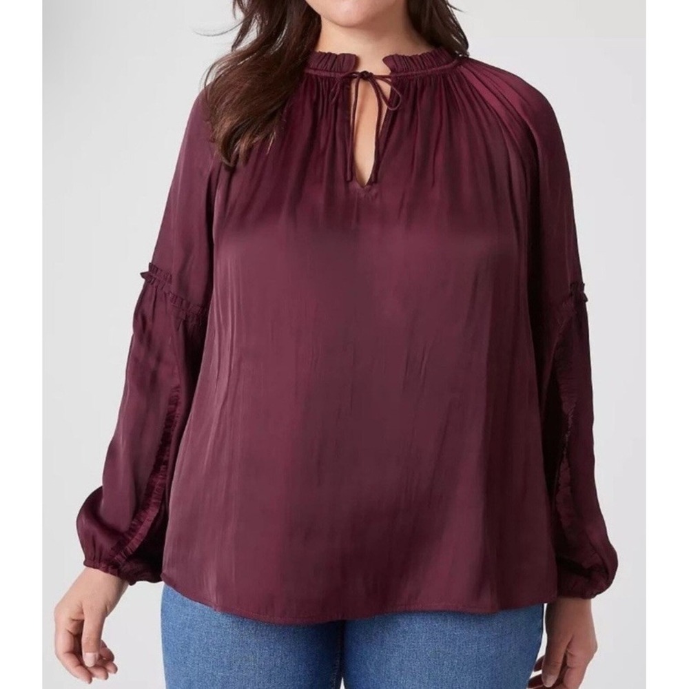 Lane Bryant Maroon Dark Red Long Sleeve Ruffle Split Neck Top Size 3X   26/28